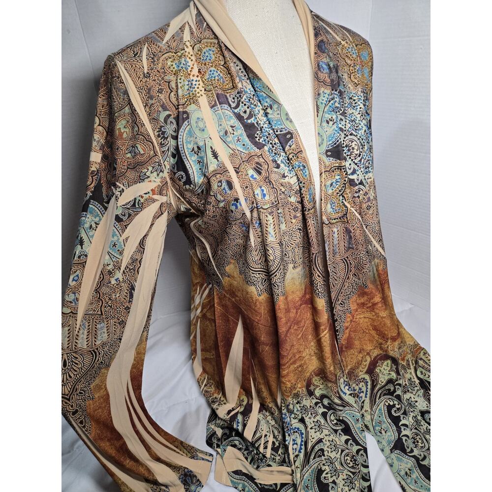Vtg OS Cover Rhinestone Cardigan Boho Indie Western Openfront Paysley Kimono - Picture 12 of 13